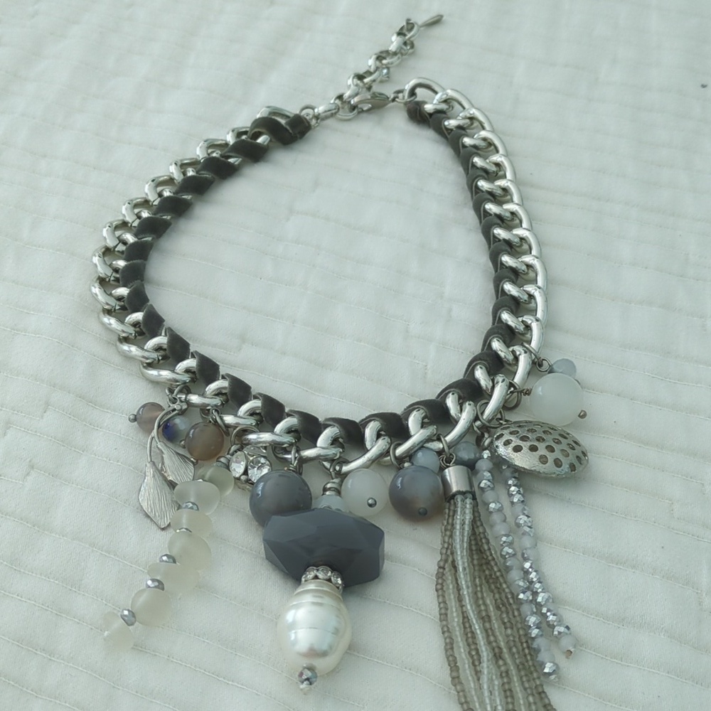 Nordstrom Art To Wear Statement Chunky Silver with Velvet and Charms Necklace